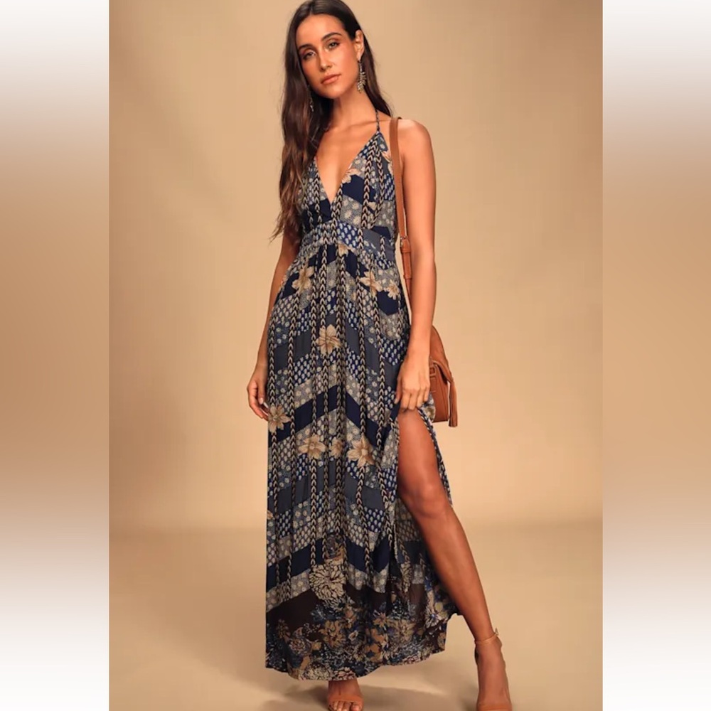 Lulus + O'Neill Navy, Brown, Tan Floral Beachy Formal Dress
